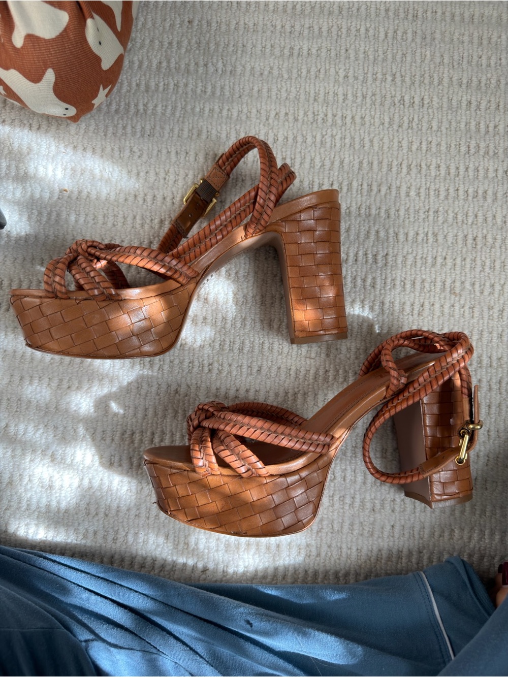 SCHUTZ Woven Cognac Braided Block Heel Sandals - Picture 5 of 6